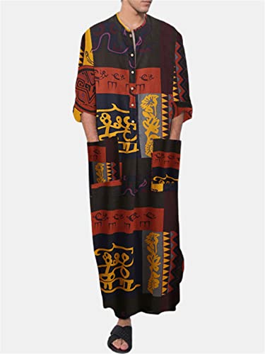 Islamic Jubba Thobe Muslim Men Robe Casual Loose Ancient Script Elephant Print Ethnic Arabic Long Sleeve One Piece Kaftan3