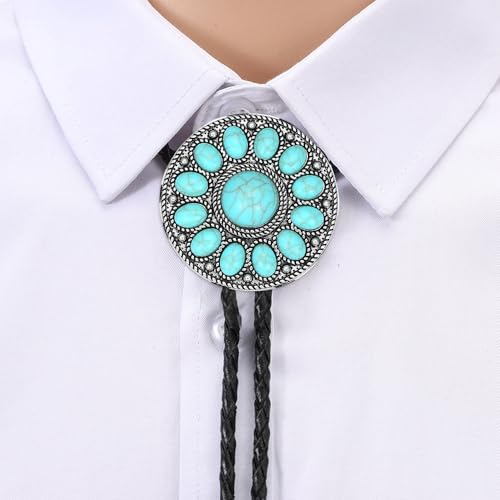 Image of AZORA Western Cowboy Bolo Tie Men Leather Necktie Leather Cord Turquoise Stone Bolo Ties for Men Women