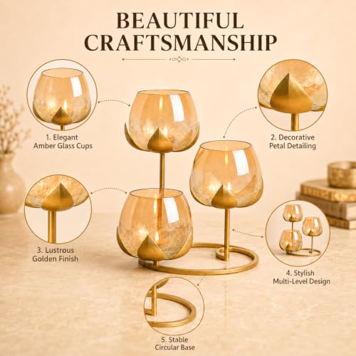 Image of MARKET 99 Metal + Glass 3 Votive Lotus T-Light Holder | Golden Decorative Candle Stand for Christmas, Diwali, Birthday & Wedding | Elegant Home Decor Tealight Holder for Festive Gifting