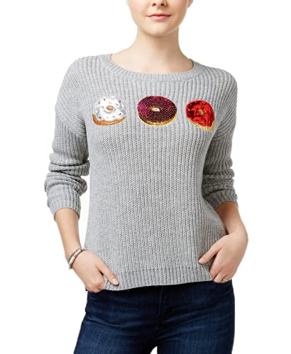 Hooked Up by IOT Juniors' Donut Graphic Sweater (Light Grey Heather, Small)