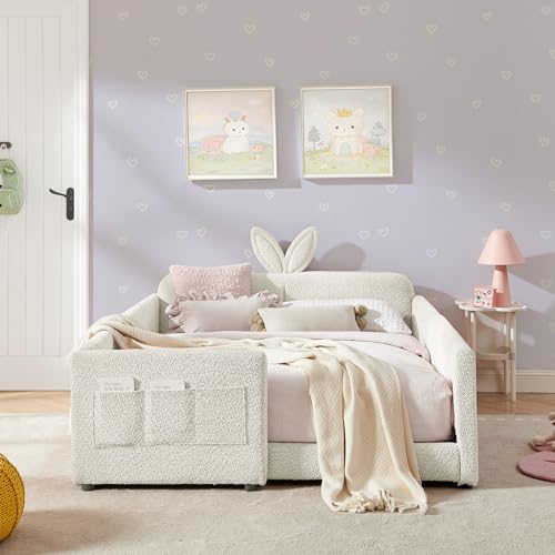 Image of KEIKI Full Size Upholstered Platform Bed Frame with Guardrail, Slats, Beige
