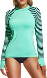 TSLA Women's UPF 50+ Rash Guard Long Sleeve, UV/Sun Protection Swim Shirts, Water Beach Surf Swim Top, Thumb Hole Guard Stripe Emerald, Large