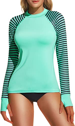 Tsla Women's Upf 50+ Rash Guard Long Sleeve, Uv/Sun Protection Swim Shirts, Water Beach Surf Swim Top, Thumb Hole Guard Stripe Emerald, Medium #TOP1
