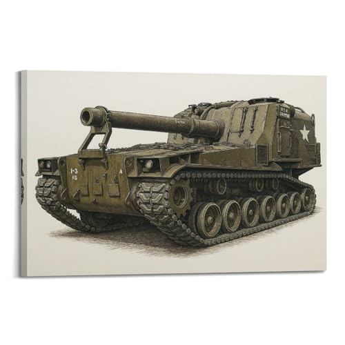 OKNGB Póster de armas de la Segunda Guerra Mundial M53 de 155 mm, póster de pistola autopropulsada, pintura decorativa, lienzo, póster de pared e impresión artística moderna para dormitorio familiar