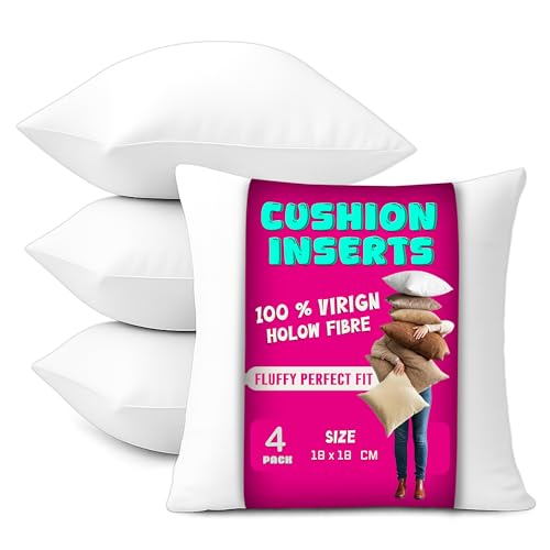 Luxury Hollowfibre Pack of 4 Cushion Pads Inners Inserts 18x18 inches (45 x 45 cm) - White Square Cushion Fillers with Anti Dust Mite Down Proof Cover & Soft Polyester Filling for Sofa, Bed & Couch