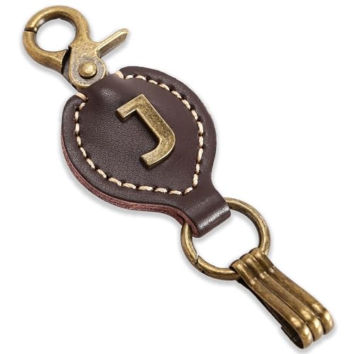TSUI CHAN Initial Letter Keychain Brown Leather Alphabet Keychain with Easy Clasp, Key Car Key Bag Key Ring for Women Mens