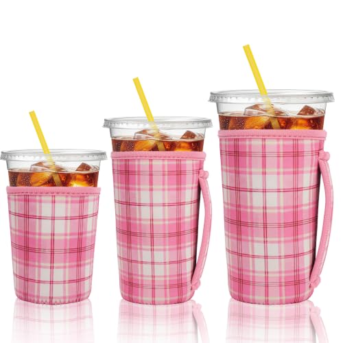 Image of KJQJLY 3 Reusable Iced Coffee Sleeves for Iced Coffee Cups or Drinks Reusable Neoprene Insulated Sleeves for Hot and Cold Drinks from Starbucks, Dunkin, And More (Preppy Pink Plaid)