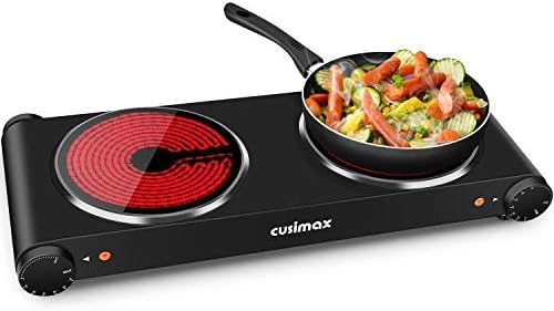 CUSIMAX 2400W Double Burner Electric Hob Ceramic Hot Plate, Portable Double Camping Hob Infrared Cooktop with Dual Temperature Control, Black Stainless Steel
