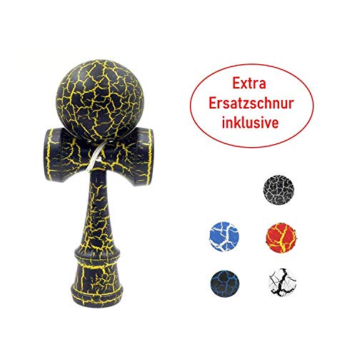 B & Julian Wood Kendama With Replacement String Wooden Ball Catch Game Puzzle Toys Natural Wood and Coloured Tears Tear Flash for Beginners/Children from 9 years (Yellow and Black)