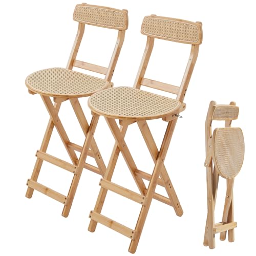 Warmiehomy Folding Breakfast Bar Stools Set of 2 Modern Rattan Barstool Kitchen Stools with Backs for Kitchen Counter Dining Table Living Room Bedroom, Seat Height 60CM