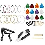 40 Piece Acoustic Guitar Accessories Kit All in One with Guitar Strings Capo Picks 3-In-1 Restring Tool Bridge Pins and Nuts Saddies for Players Beginners Guitar Picks (Multicolored)