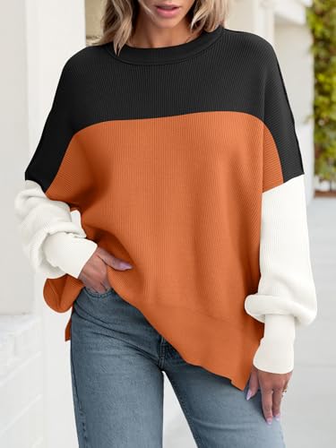 Image of ANRABESS Women Oversized Sweaters Batwing Long Sleeve 2026 Fall Outfits Crewneck Casual Knit Side Slit Fashion Pullover Top