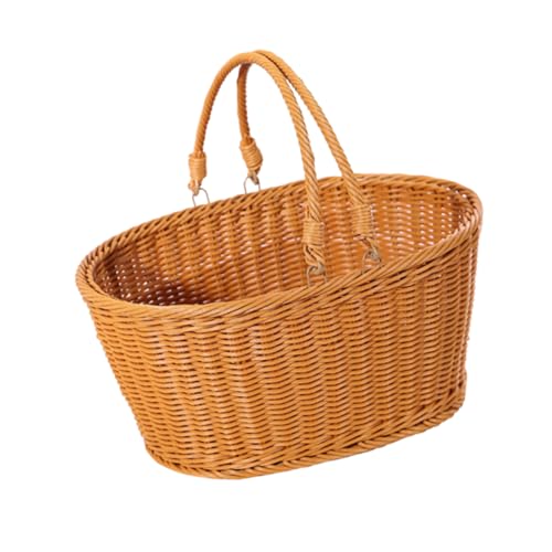 KOMBIUDA 1Pc Light Brown Oval Simulated Rattan Woven Basket Portable Decorative Storage for Vegetables Flowers and Picnics Practical Shopping and Home Organization