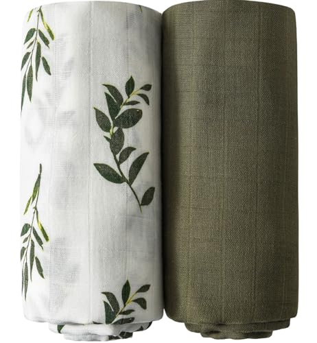 Image of Little Jump Muslin Swaddle Blankets - Large Size 47"x 47" Receiving Blanket - Soft Breathable Muslin Baby Blanket for Unisex Newborn (Olive Branches & Green)