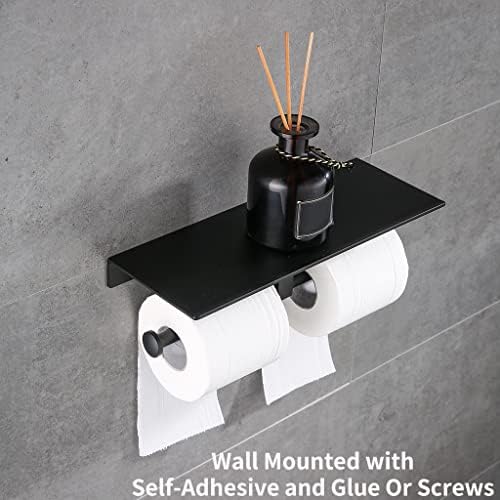Engedi Dual Toilet Roll Holder Wall Mounted Toilet Paper Holder Bathroom Roll Holder with Phones/Wipes Storage Rack Self Adhesive No Drilling for All Kinds of Toilet Paper (Black)