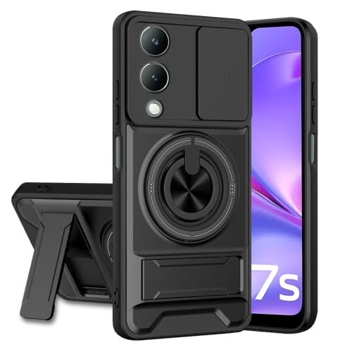 Image of Vivo Y17S / Vivo Y28 5G Back Cover | Armor Camera Slider 360 Degree Rotating Finger Ring Holder Case with Bracket Stand Back Case Cover (Compatible with MagSafe Accessories) (Black)
