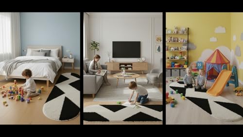 Image of Fluffy Silky Micro Fiber Polyster Carpet /Runner for Bedroom, Study Room, Playing Room, Guest Room ETC. 2x5 Feet, (Black and Ivory Chevron Pattern)
