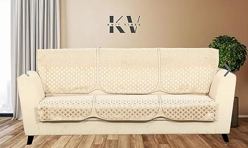 Image of Premium Jaquard Velvet Fabric Sofa Cover Set for 5 Seater Sofa, 5 Seater with 6 Pcs of Arms Included, Total 16 Pcs Beige /Cream Color Sofa Cover