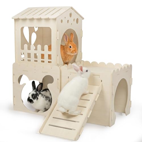 Extra Large Rabbit Castle Wooden Bunny House & Detachable Rabbit Hideaway Indoor Hamster Castle with Ramp Small Animal Houses & Habitats for Guinea Pig Chinchilla Ferret(3 House)