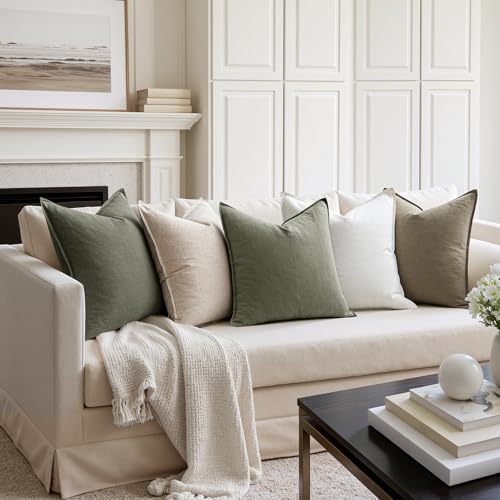 Image of MIULEE Decorative Linen Pillow Covers 20x20 Inch Olive Green Boho Farmhouse Neutral Couch Throw Pillows for Bed Pack of 2 Accent Outdoor Pillowcase Modern Sofa Cushion Livingroom Home Decor