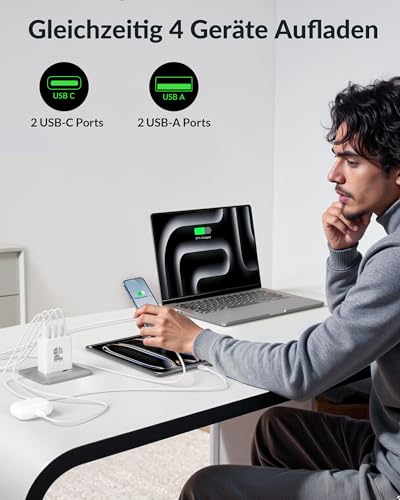 Mac Book Ladekabel, 65W 4-Port GaN USB C Ladegerät mit 240W 2M SchnellLadekabel für MacBook Neo/Pro 16/15/14/13 Zoll, MacBook Air M1/M2/M3/M4, iPhone 17e/17/16/15, iPad, Laptop Netzteil Charger
