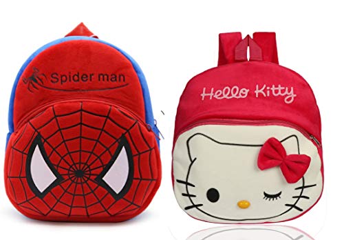 Blue Tree Kid’s Soft Velvet Cartoon School Plush Combo Backpack,Mini Bag,Travel Bag for Baby Boy/Girl (Spiderman & New Red Kitty)
