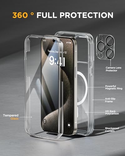 Image of Miracase Magnetic for iPhone 15 Pro Case Full-Body Bumper Phone case with Built-in Glass Screen Protector& Camera Protector, [Compatible with MagSafe] Military Drop Proof 15 Pro Cover 6.1 inch,Clear