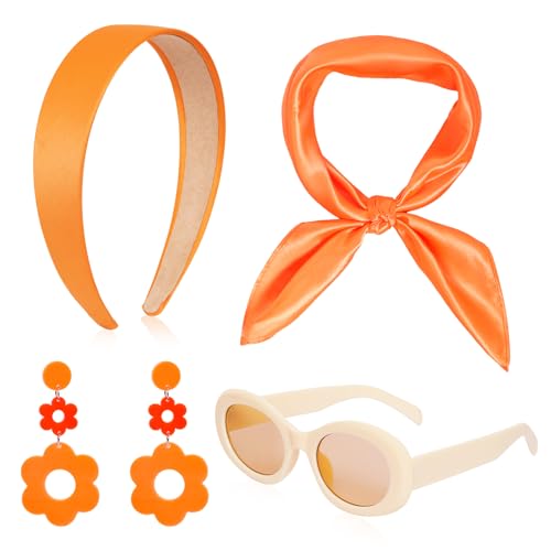 Fumwase 4 Pcs 60s 70s Hippie Costume Accessories Set for Women Disco Earrings Sunglasses Headband Scarf Halloween Party Costume (Orange)