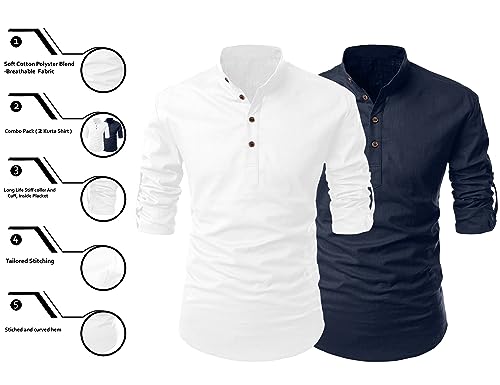 Image of FINIVO FASHION Combo of Men's Cotton Blend Solid Regular Fit Full Sleeve Straight Short Kurta Shirt, Casual and Formal Wear