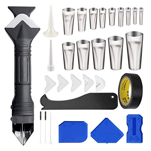 7 in 1 Caulking Tools kit, Caulking Nozzles + Caulk Finisher + Caulk Scrapers + 5 Silicone Pads + Tape + Small Nozzle +Brush?Stainless Steel Sealant Caulking Tool set for Kitchen Bathroom Window