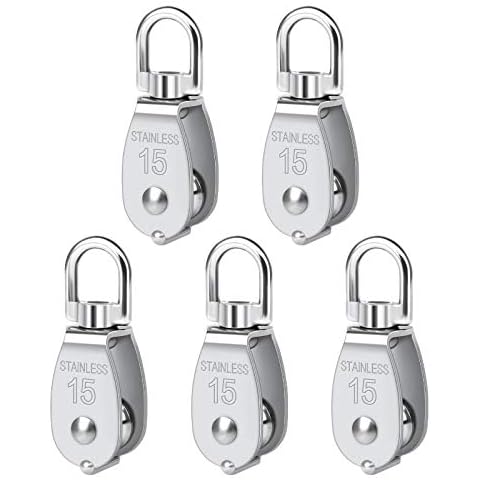 5 Pack M15 Single Pulley Block 304 Stainless Steel Pulley Block Heavy Duty Anti-Rust Durable Prevent Rope From Knotting Loading 35kg/77lbs Cover