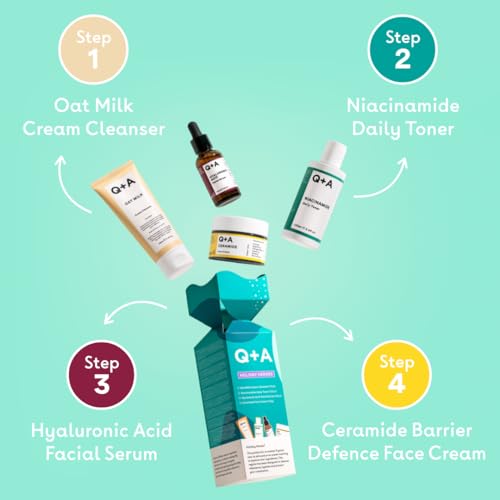 Q+A Holiday Heroes Skincare Giftset – 4-Step Regime with Oat Milk Cleanser, Niacinamide Toner, Hyaluronic Acid Serum, Ceramide Face Cream – Vegan, Cruelty-Free, UK Made, Nourishing and Hydrating - Image 3