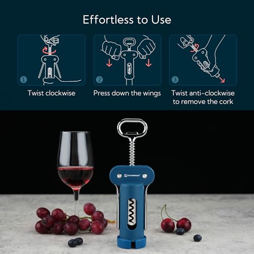KITCHENDAO 3 in 1 Wing Corkscrew Wine Bottle Opener with Foil Cutter, Built-in Beer Bottle Opener, Multifunctional Wine Opener with Non-Stick Sharp Screw, Easy to Use, Manual Wine Corkscrew, Blue