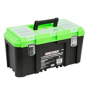 OEMTOOLS 22160 19″ Toolbox with Removable Tray, Large Plastic Tool Box With Handle, Multiple Compartment Storage Case With Security Slot for Padlocks, 40 Lbs Maximum Weight