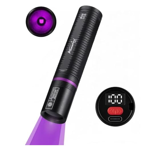 ALONEFIRE SV113 Mini 365nm UV Flashlight USB C Rechargeable Digital Display Woods Lamp Money Detector Black Light for Pet Urine Detection, Scorpion, Fishing, Minerals, Rocks with Built-in Battery