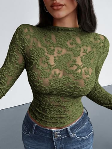 BTFBM Mesh Long Sleeve Tops for Women Lace Sexy Sheer Tight See Through Crew Neck Spring Fall 2026 Party Club Outfits