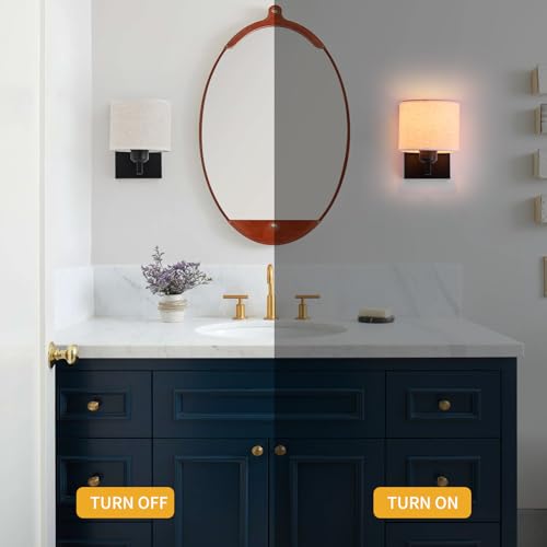 Image of Black Wall Sconce Set of 2, Modern Hardwired Industrial Light Fixtures With Drum Fabric Lampshade, Bedside Mounted Vanity Lamp for Bedroom Living Room Hallway Bathroom