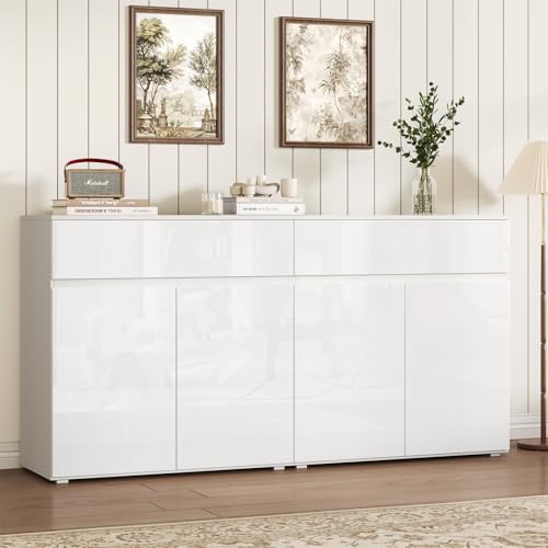SVEYLXA Weiße Hochglanz Küchenschränke,160cm Breit Sideboard, Schrank mit 2 Schubladen und 4 Türen,â€¦ – Miniatur