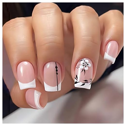 RTKHFZE Square Press on Nails Short Fake Nails French Tip Glue on Nails White Flower Design False Nails Glossy Nude Stick on Nails Black Leaf Acrylic Nails for Women Girls, 24PCS