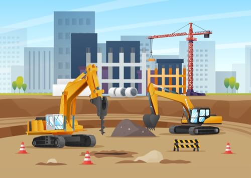 CORFOTO 8x6ft Fabric Construction Theme Backdrop for Photography Excavators Material Equipment Construction Site Background for Boy Birthday Party Banner Decoration Photo Studio Props
