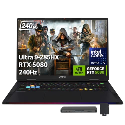 Image of msi Raider 18 inch QHD+ 240Hz Gaming Laptop, Intel Core Ultra 9 285HX, GeForce RTX 5080 16GB GDDR7, 64GB DDR5, 5TB Storage (4TB SSD+1TB Docking Station), Backlit, Copilot, Wi-Fi 7, Win 11 Pro, Black
