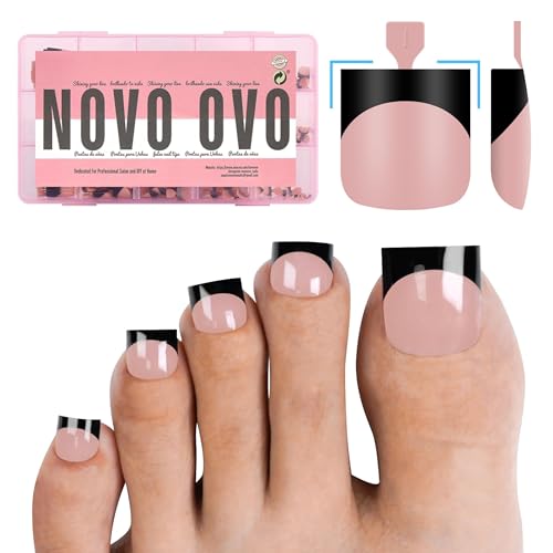 NOVO OVO Halloween Black French Tip Toe Nail Tips Press on, BABY PINK Sharp Square Pre-Designed Soft Gel False Toenail Extension, Medium Wide Fake Toenails, Full Cover Acrylic for DIY 15 Sizes 240 pcs