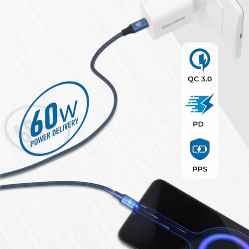 VulTech Cavo Smartphone CS-NCC12BL in Nylon Type-C to Type-C blu 1,2m 3.0A 60W - PD 5A QC 3.0 - MacBook Pro/Air, iPhone 15 / Pro/Pro Max, Samsung S22 Ultra, iPad Pro/Air Mini - Immagine 3