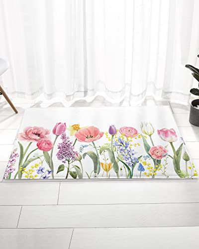 Luxury Plush Bathroom Rugs Mat, Easter Soft Shaggy Bath Carpet, Pink Tulip Purple Lavender Spring Flowers Non-Slip Floor Mat For Kitchen, Bedroom, 16"X24" #TOP4