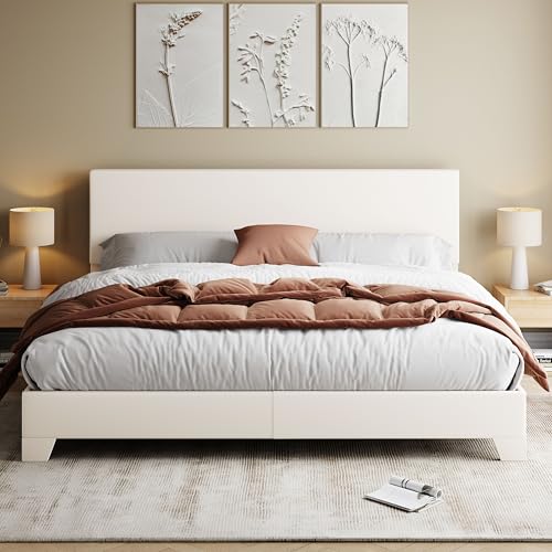 Allewie Marco de cama tamaño King con cabecera ajustable, plataforma de piel sintética con listones de madera, base de colchón resistente, no necesita somier, sin ruido, fácil montaje, color blanco