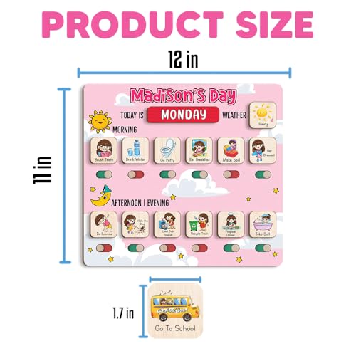 Image of Personalized Wooden Chore Chart for Kids, Daily Routine Chart for Toddlers, Visual Schedule for Kids Age 3-5, Morning Bedtime Routine for Girls (03)