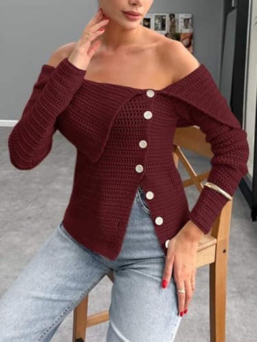 Saodimallsu Womens Off The Shoulder Sweater Long Sleeve Y2k Button Trendy Knitted Asymmetric Crop Tops3