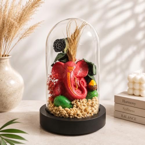 Image of eCraftIndia Lord Ganesha Statue in Glass Dome with Decorative Floral Arrangement, Spiritual Showpiece for Home Decor, Living Room, Office Desk, Temple Decoration & Gift Item