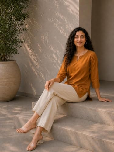 Image of SAADAA Airy Linen Split Neck Short Kurta for Women | Casual & Office Wear | 3 /4 Sleeves, Comfortable Fit | Elegant Top | Lightweight & Breathable Fabric |