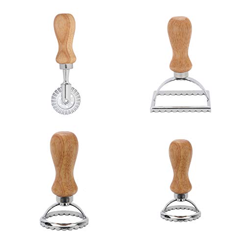 Mornon Ravioli Stamp Maker Cutter With Roller Wheel Set, Mold With Wooden Handle And Fluted Edge, Pasta Press Kitchen Attachment Round & Square Shape Ravioli Masker, 3 Set And Cutter #TOP3